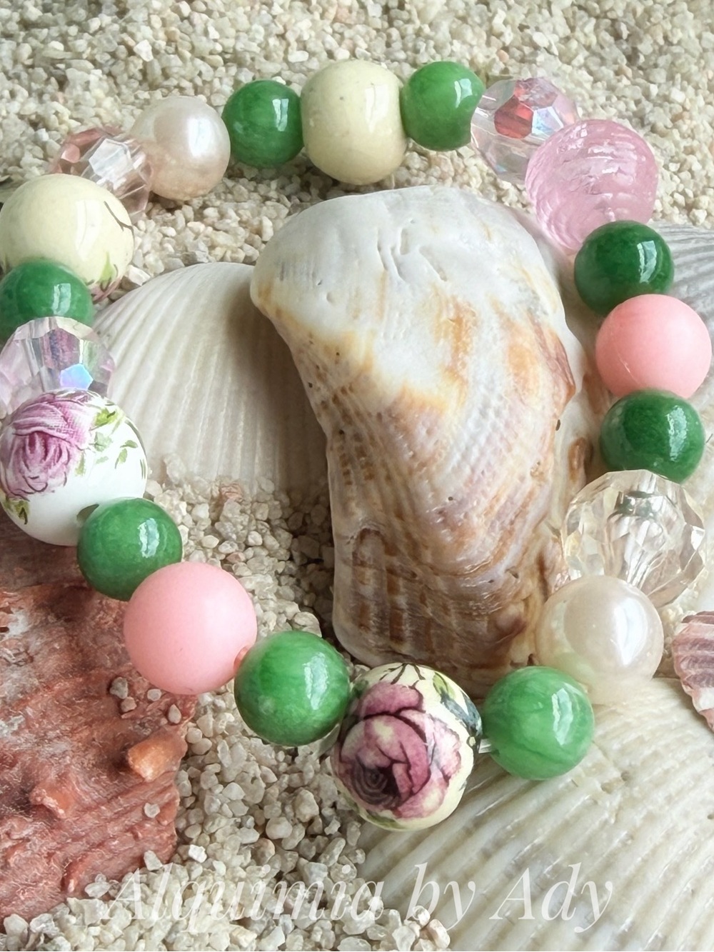 EXAGGERATED Floral & Green JADE CHUNKY Bead Stretch Bracelet